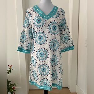 LA LINGERIE Tunic Nightgown 3/4 Sleeve 100% Cotton Mandala Pattern Embroidery